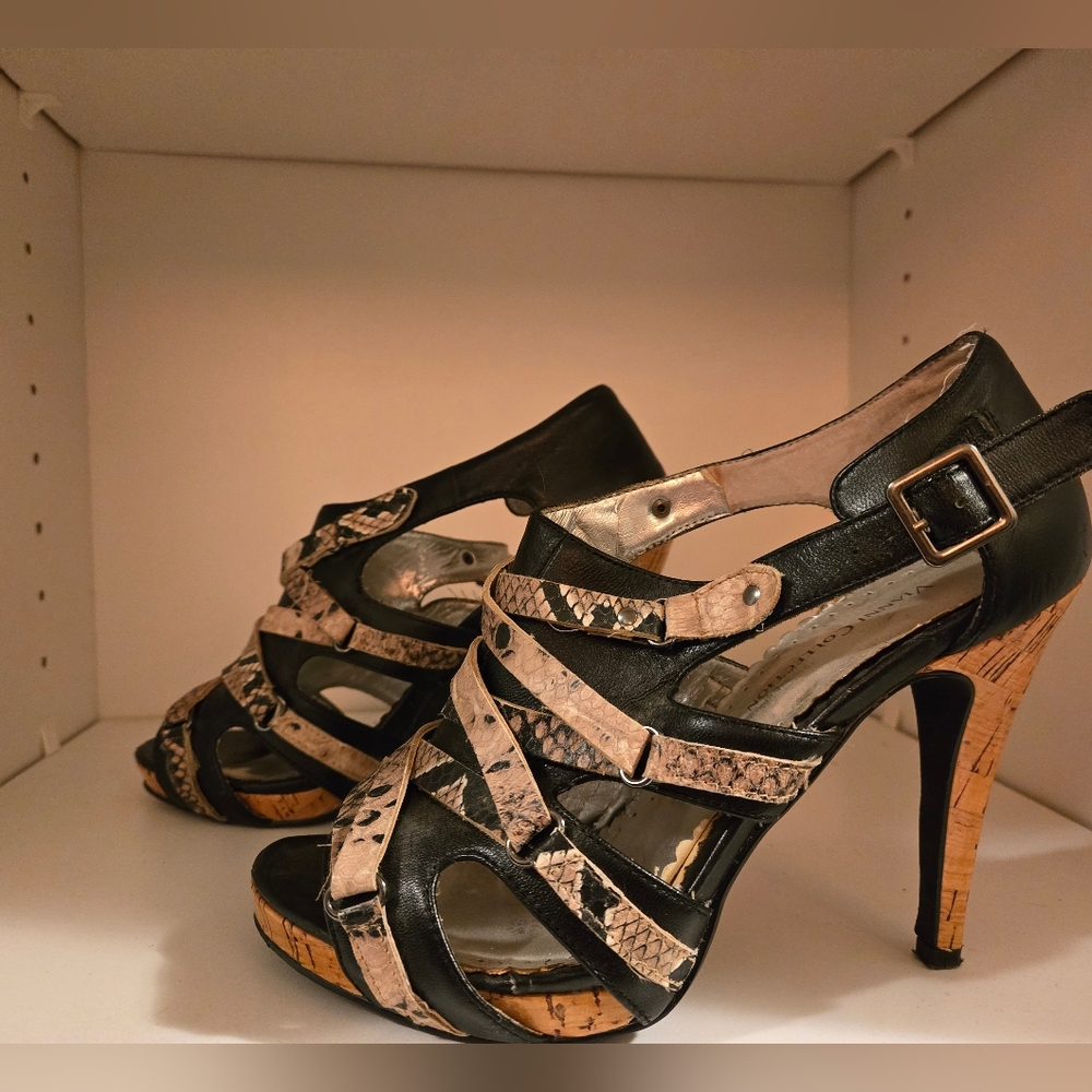 Elegant Black and Tan Strappy Heels